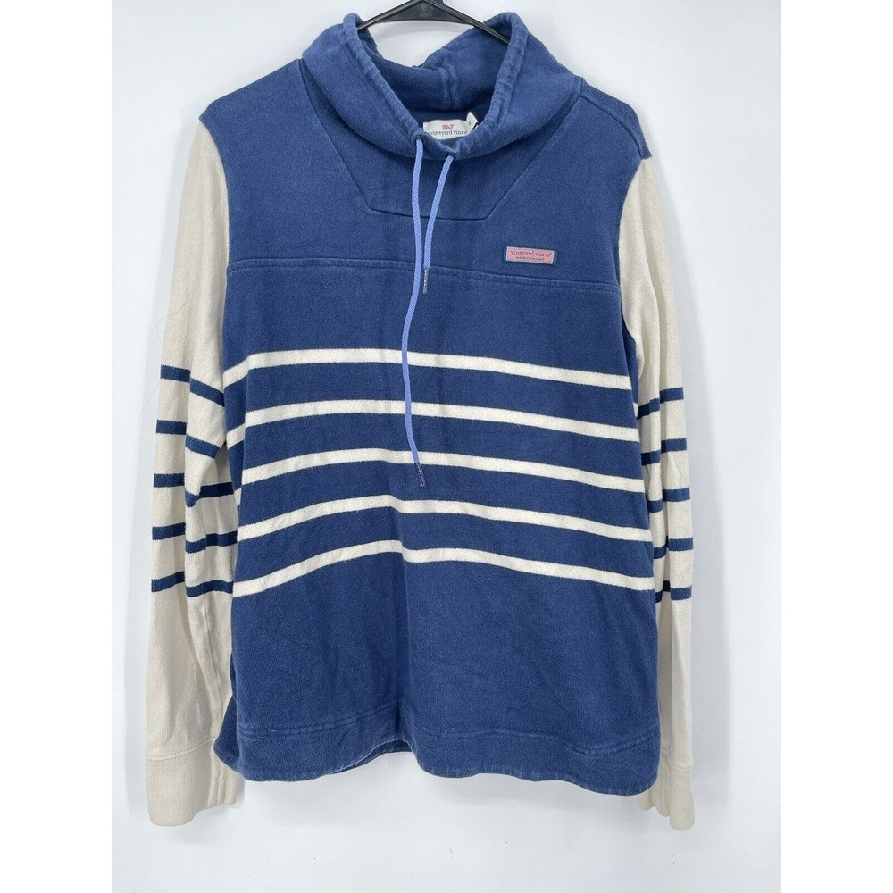 VINEYARD VINES Sweater‎ Womens M Blue Cream Stripe Mock Neck Whale